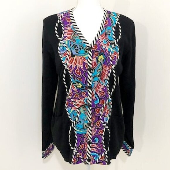 Koos Of Course! Black Cardigan Sweater w/ Colorful Silk Print Appliques - Picture 1 of 5